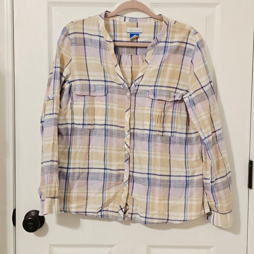 Columbia PFG Purple Plaid Button Up Shirt Women’s XL 100% Cotton Collarless